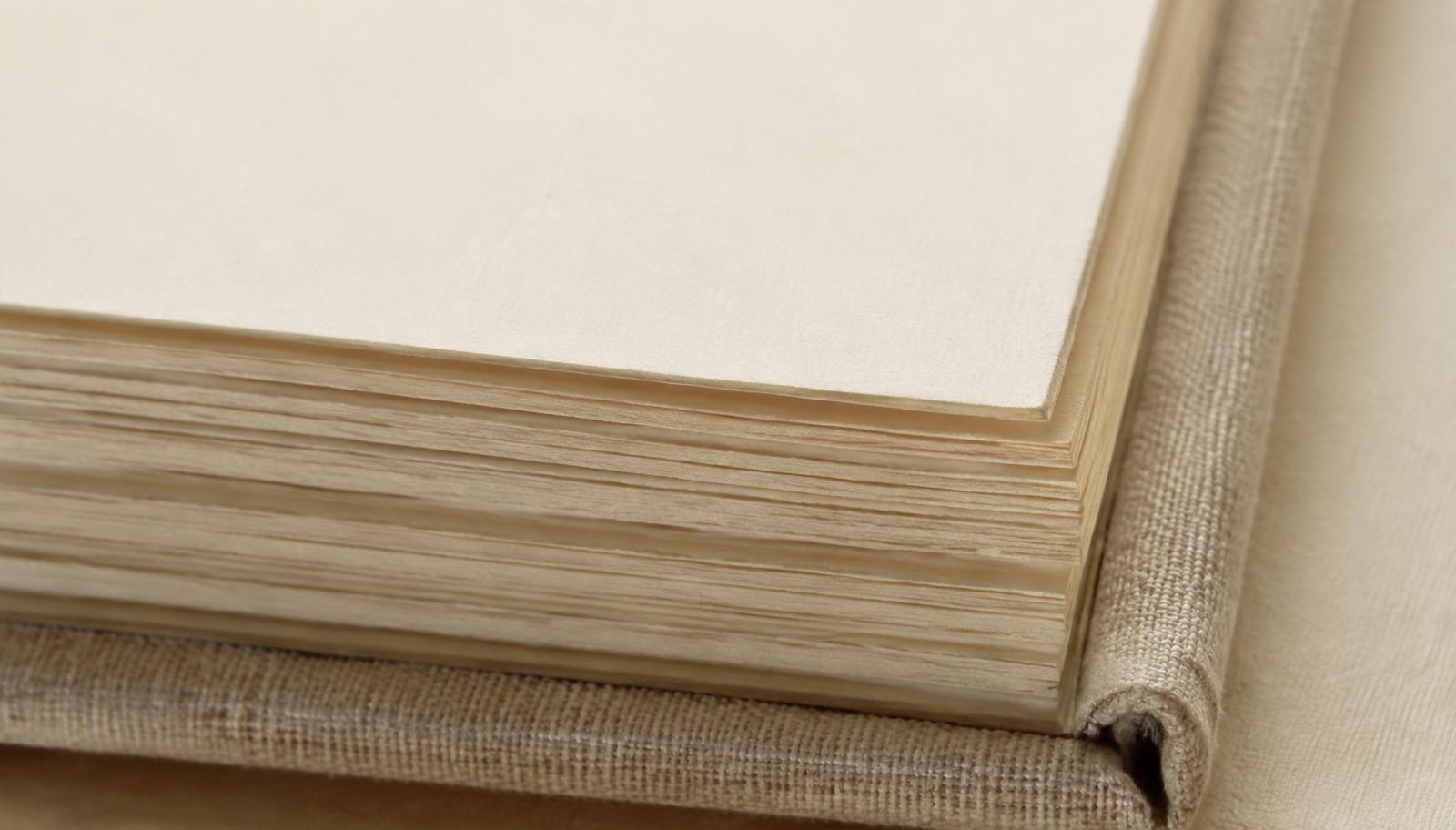 Close detail of cream pages and a linen book binding